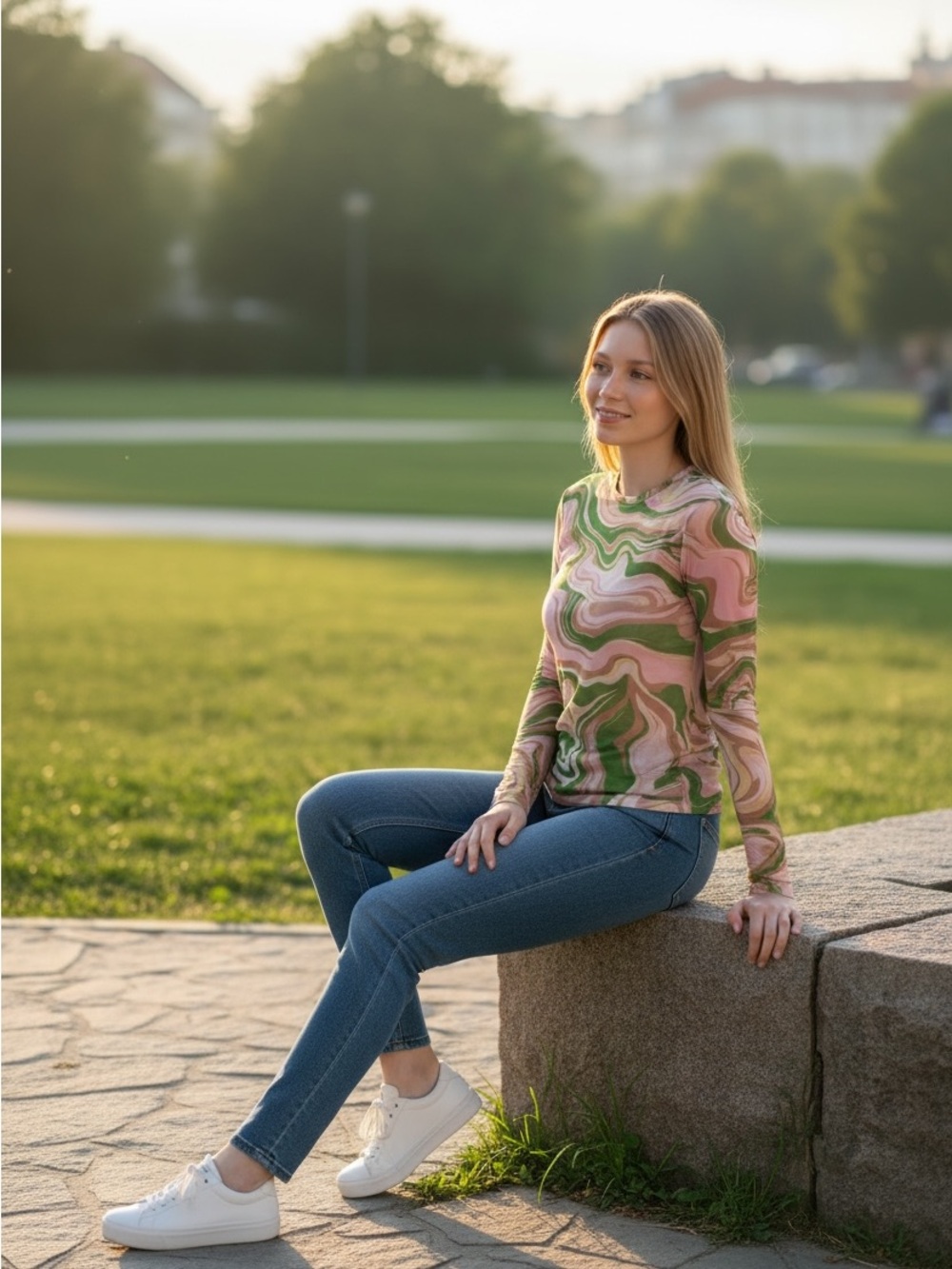 AFRM Pink & Green Swirl Long Sleeve Top